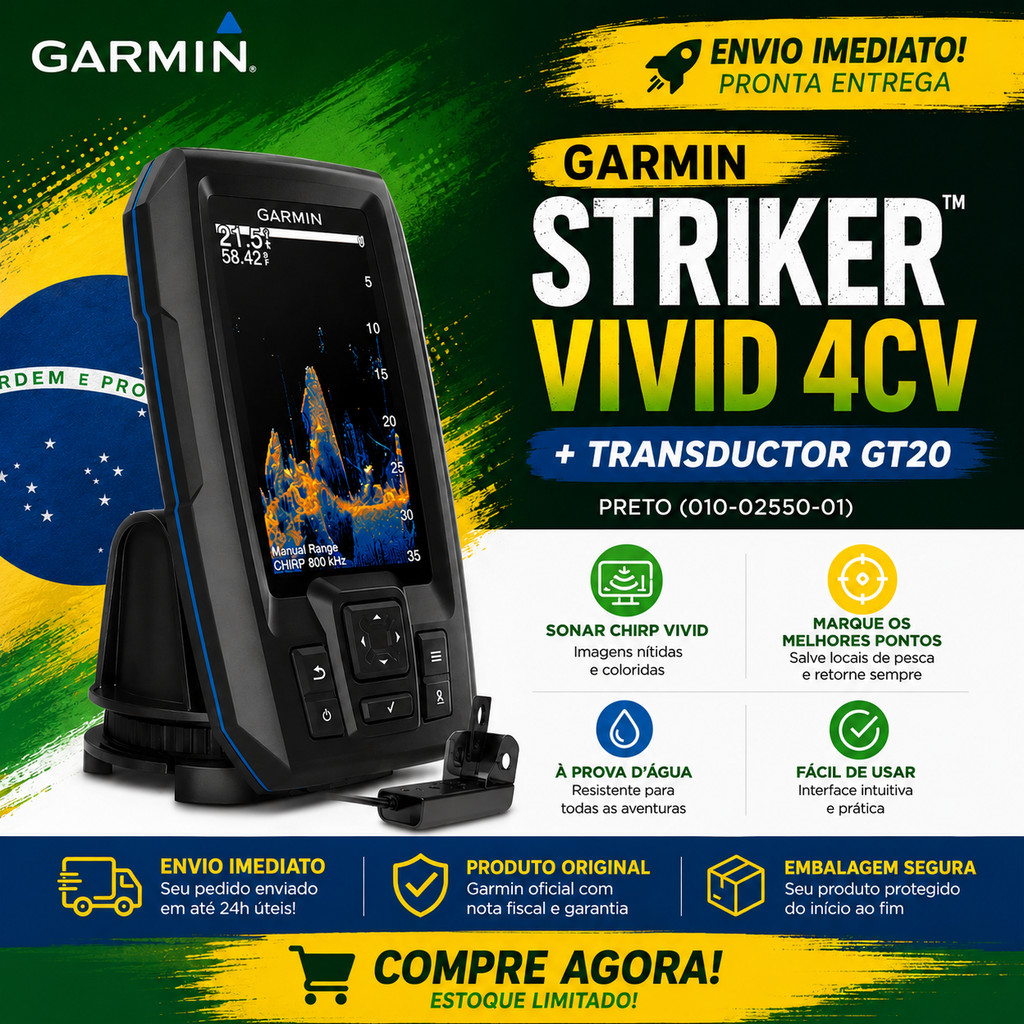 GPS Sonar Garmin Striker Vivid 4CV + Transductor GT20 - Preto (010-02550-01)