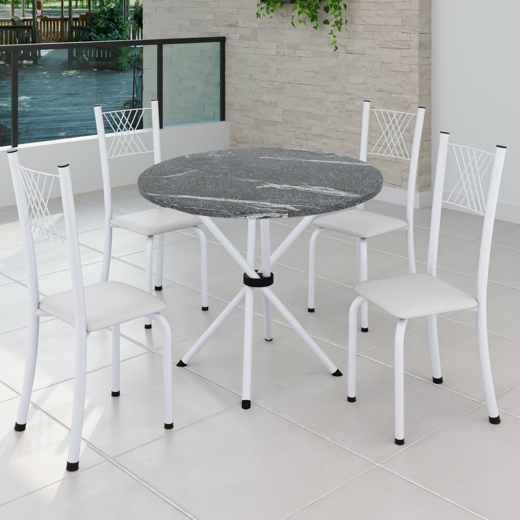 Conjunto de Jantar Mesa Tampo Redondo de Granito Topázio com 4 Cadeiras Sara Yescasa Branco/Liso Branco Liso