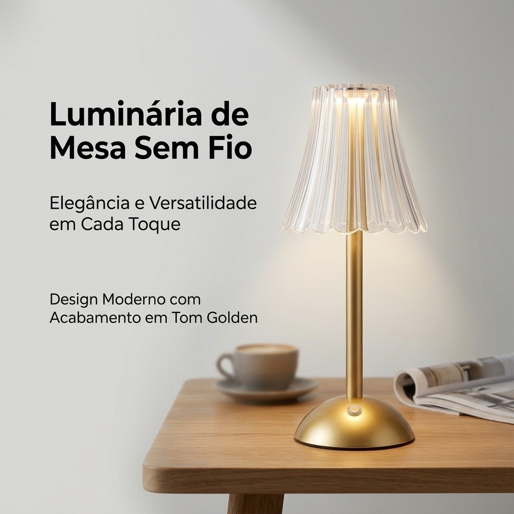 Luminária de Mesa LED Sem Fio 3 Cores Toque Dourada Recarregável