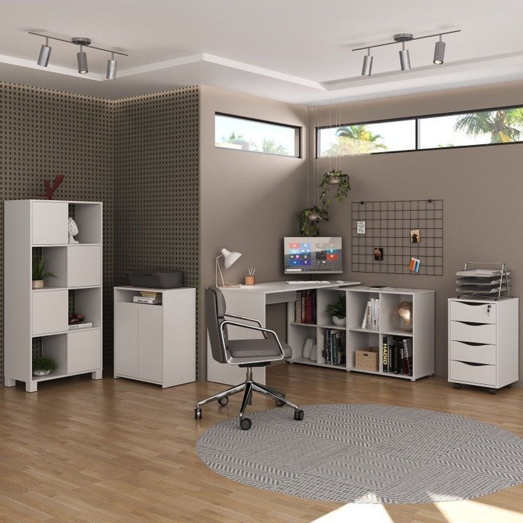 Conjunto Completo 4 Itens com Escrivaninha em L, Gaveteiro 4 Gavetas, Estante e Armário Multiuso Baixo Branco Branco