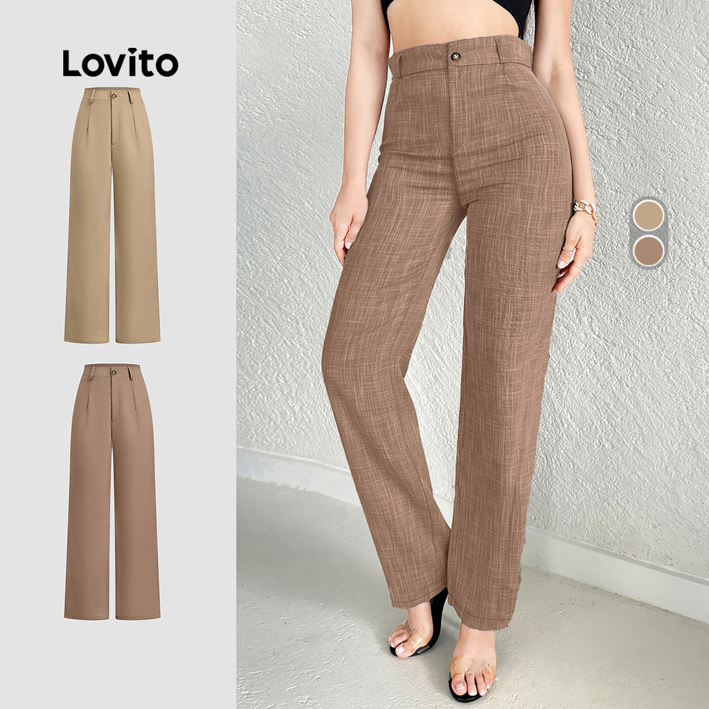 Lovito Elegante Calças com Botão para Deslocamento Primavera/verão Calças cáqui L158ED033