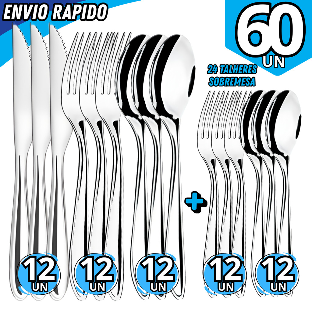 Kit 60 Talheres em Inox Premium Jogo Completo 12 Garfo 12 Faca 12 Colher 12 Colher de Sobremesa 12 Garfo de Sobremesa em Oferta na Shopee