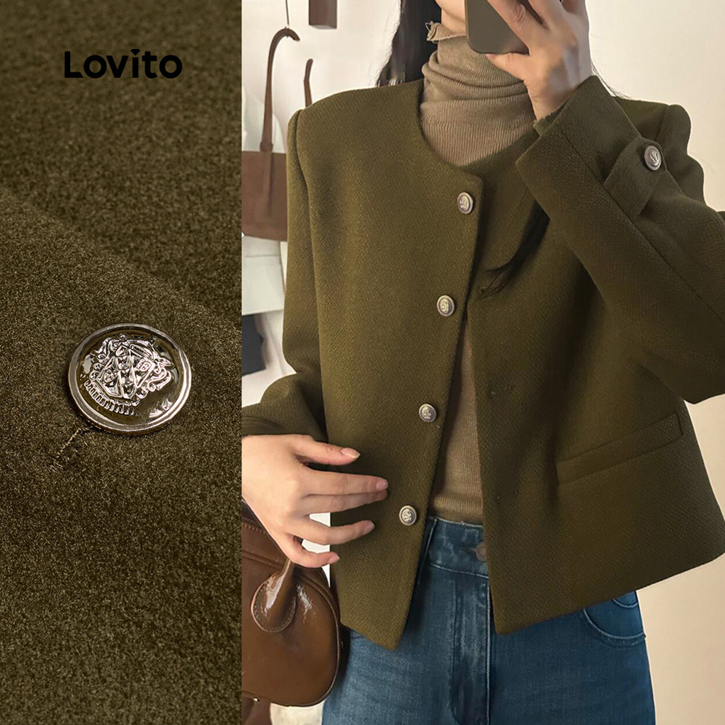 Lovito Blazer Casual De Natal Com Botões Texturizados Blazer Cáqui Outono/inverno Para Mulheres L166AD111 em Oferta na Shopee