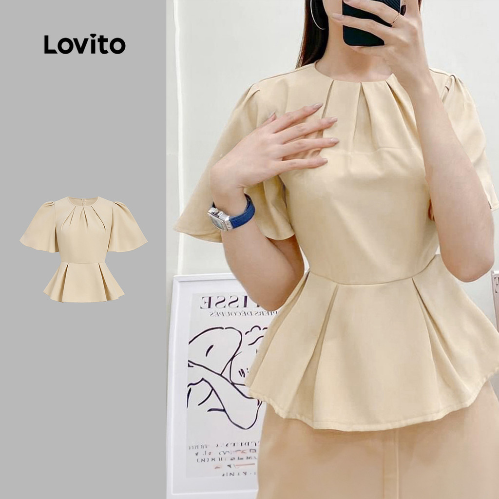 Lovito Blusa Casual com Babados Na Barra Blusa Khaki para Mulheres Primavera/Verão L165ED1473 em Oferta na Shopee
