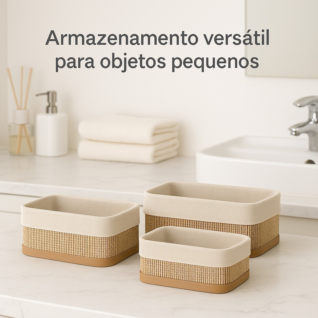 Kit 3 Cestos Organizadores Bambu Multiuso Bege