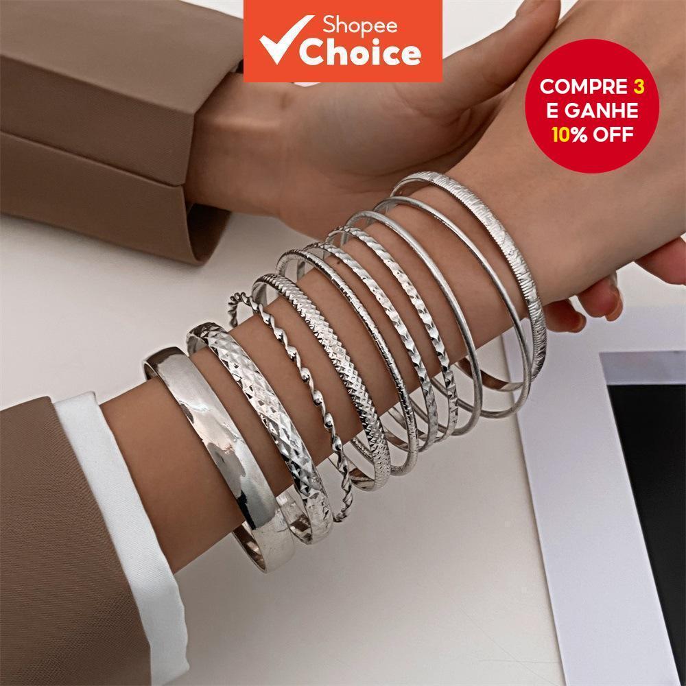 Conjunto De Pulseiras Femininas Com Design Geométrico Largo Vintage De 10 Peças , Acessórios Chiques Para Uma Declaração