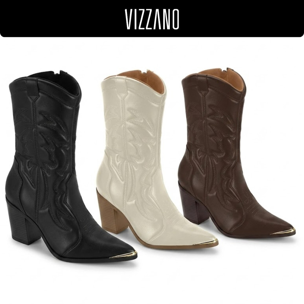 Bota Feminina Vizzano Texana Country Western Sintético Salto Bloco Bico Fino Original