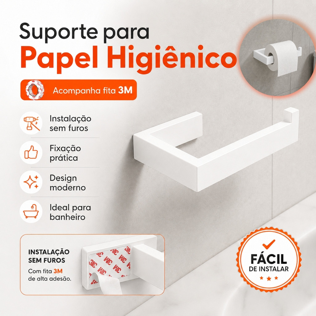Suporte Para Porta Papel Higiênico Acessórios Banheiro Lavabo Sem Furar Fita 3M
