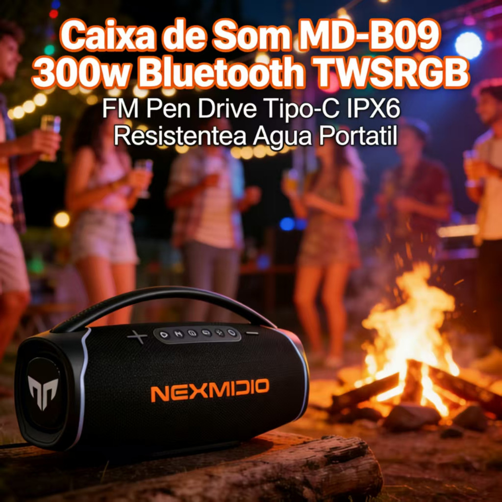 Caixa de Som NEXMIDIO-B09 300W Bluetooth IPX6 À Prova D'água RGB Bateria 27000mAh Grave Potente