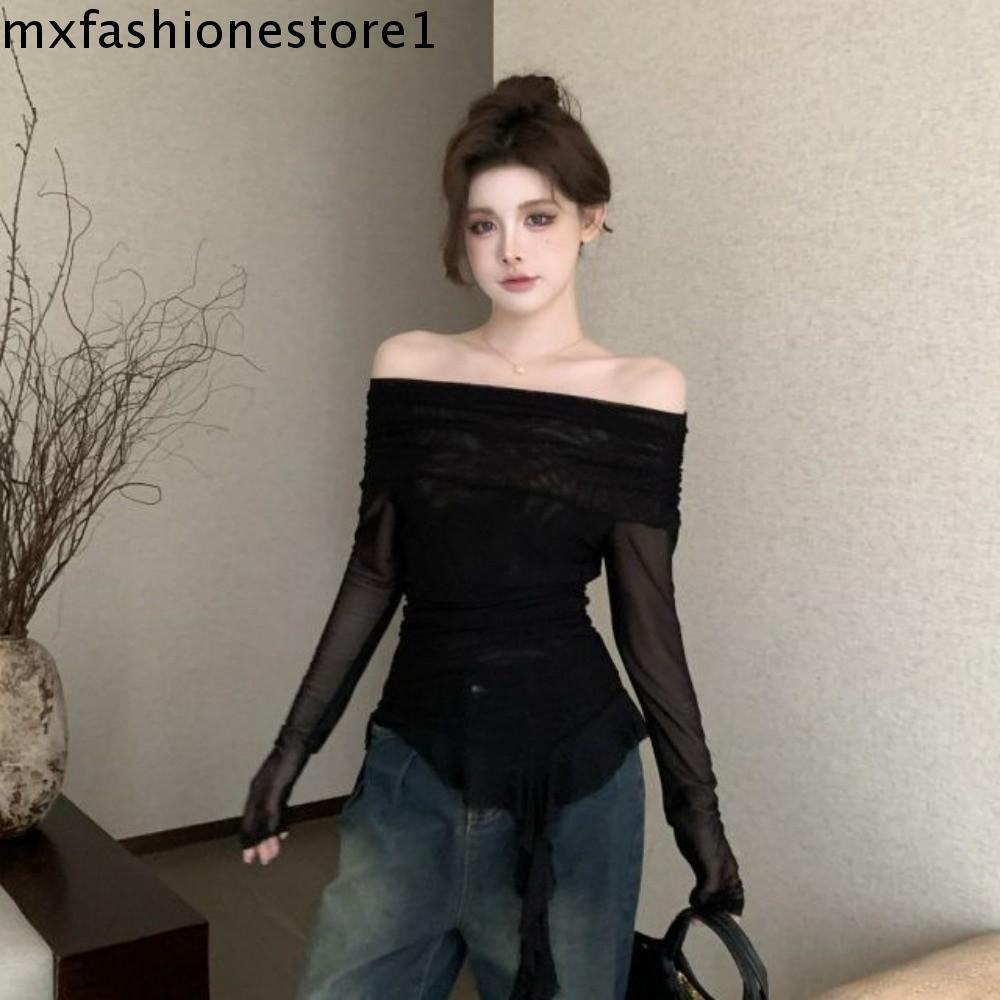 MXFASHIONE Slim Fit Crop Tops , Elf Manga Longa Gola Ombro Medusa Malha Cinto Camiseta , Transparente