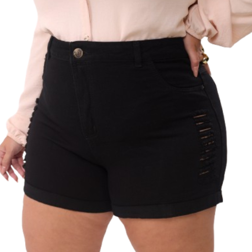 Short Jeans Feminino Plus Size Preto Barra Dobrada 46 ao 64