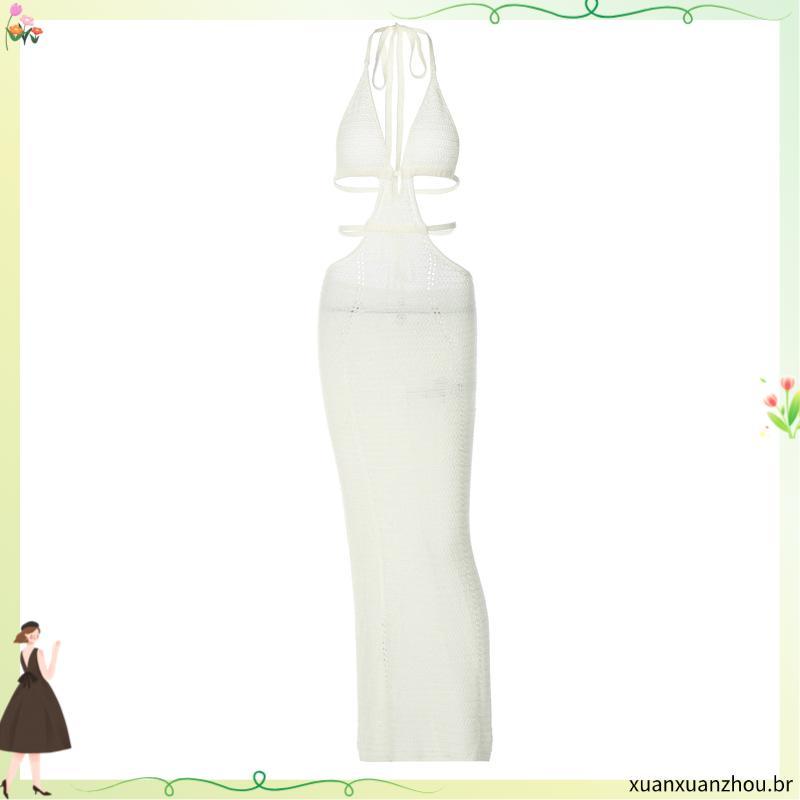 Wsevypo-V Deep Mulheres Halter Bodycon Vestido Sem Mangas Sem Encosto Bandagem Crochet Crochet Mini Clubwear Verão Sexy