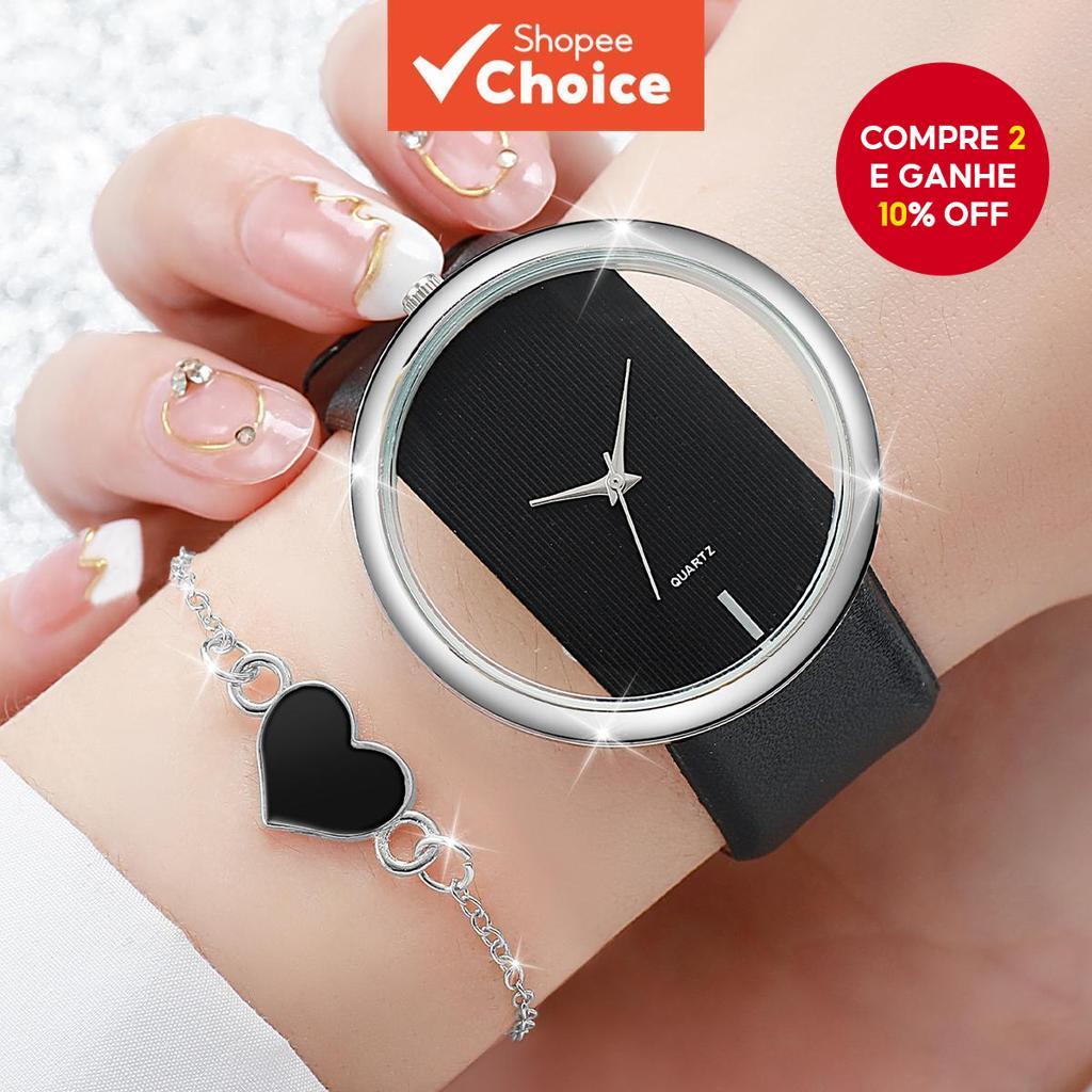 Conjunto De Relógio De Esqueleto Elegante Feminino , Mostrador Grande Com Pulseira De Coração , Movimento De Quartzo , C