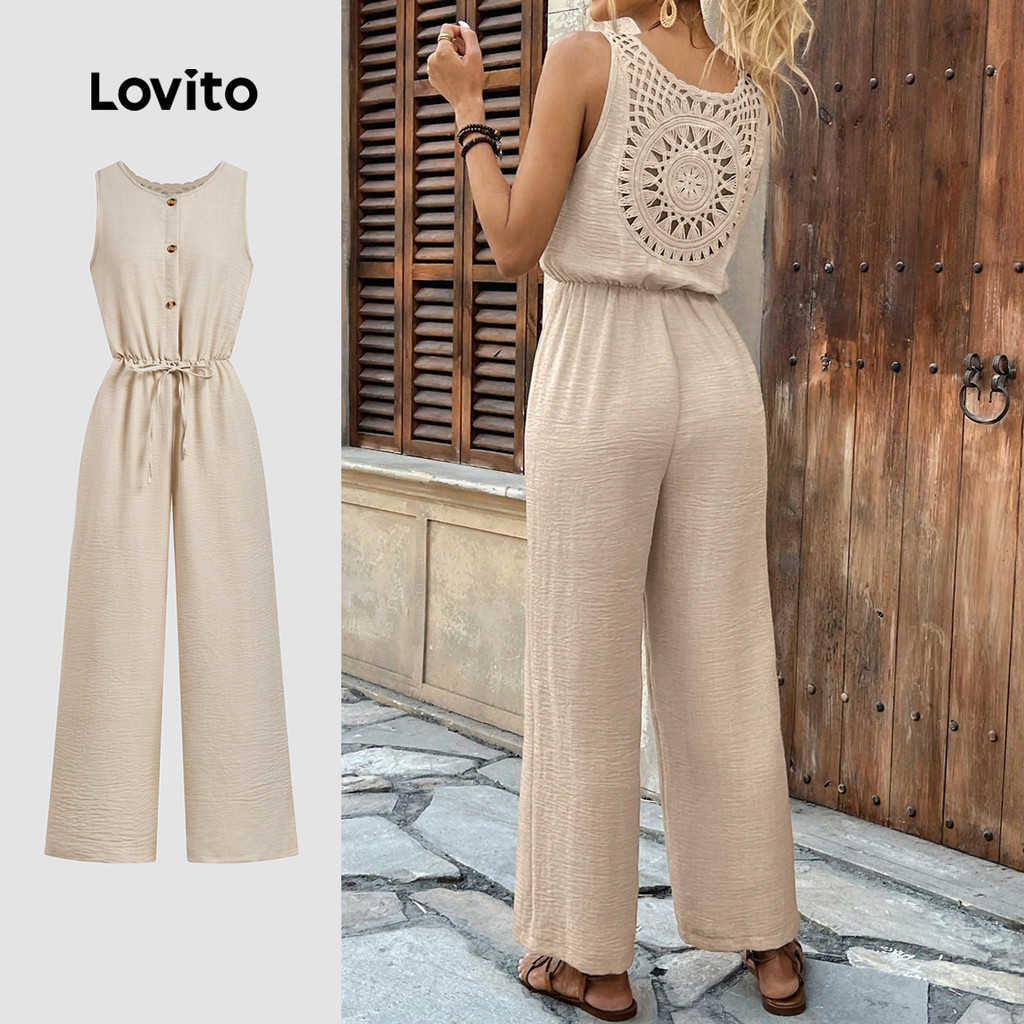 Lovito Macacão Boho de Renda com Botão para Primavera/verão em Caqui para Mulheres LBL31084 em Oferta na Shopee