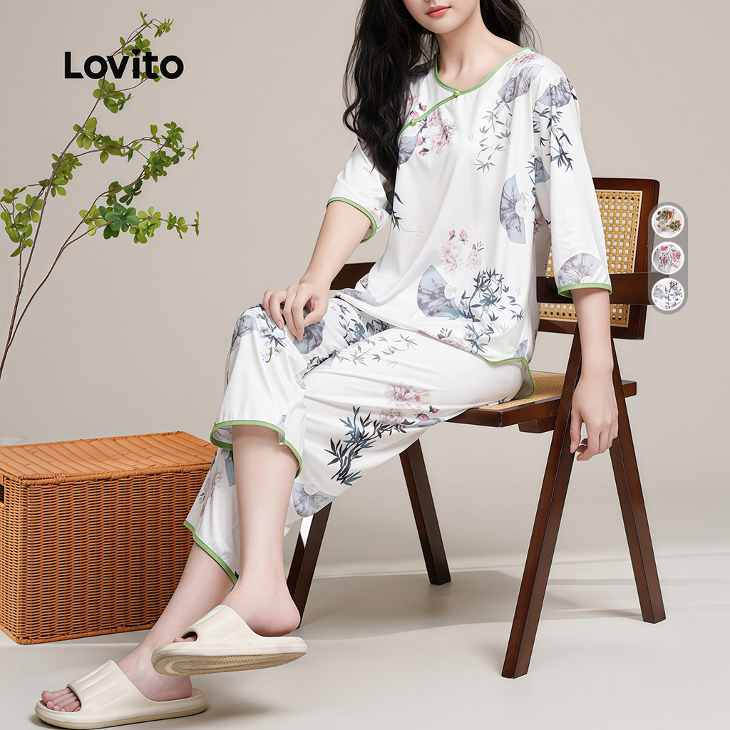 Lovito Conjunto de Pijama Casual 2 Peças Estampa Floral Elegante Confortável para Mulheres LNE126142 em Oferta na Shopee