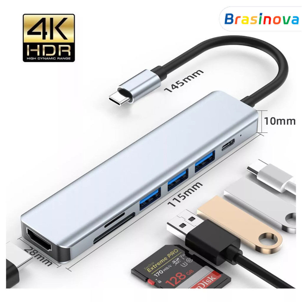 Hub USB-C 7 em 1 com saída 30Hz4K, leitor de cartão USB3.0/2 e SD/TF