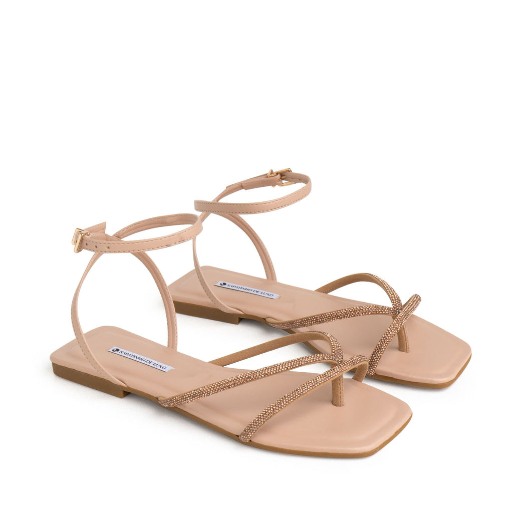 Rasteira Sandália Nude Amendoa Tira Strass Brilho e Fivela ouro 1380.307_2 em Oferta na Shopee