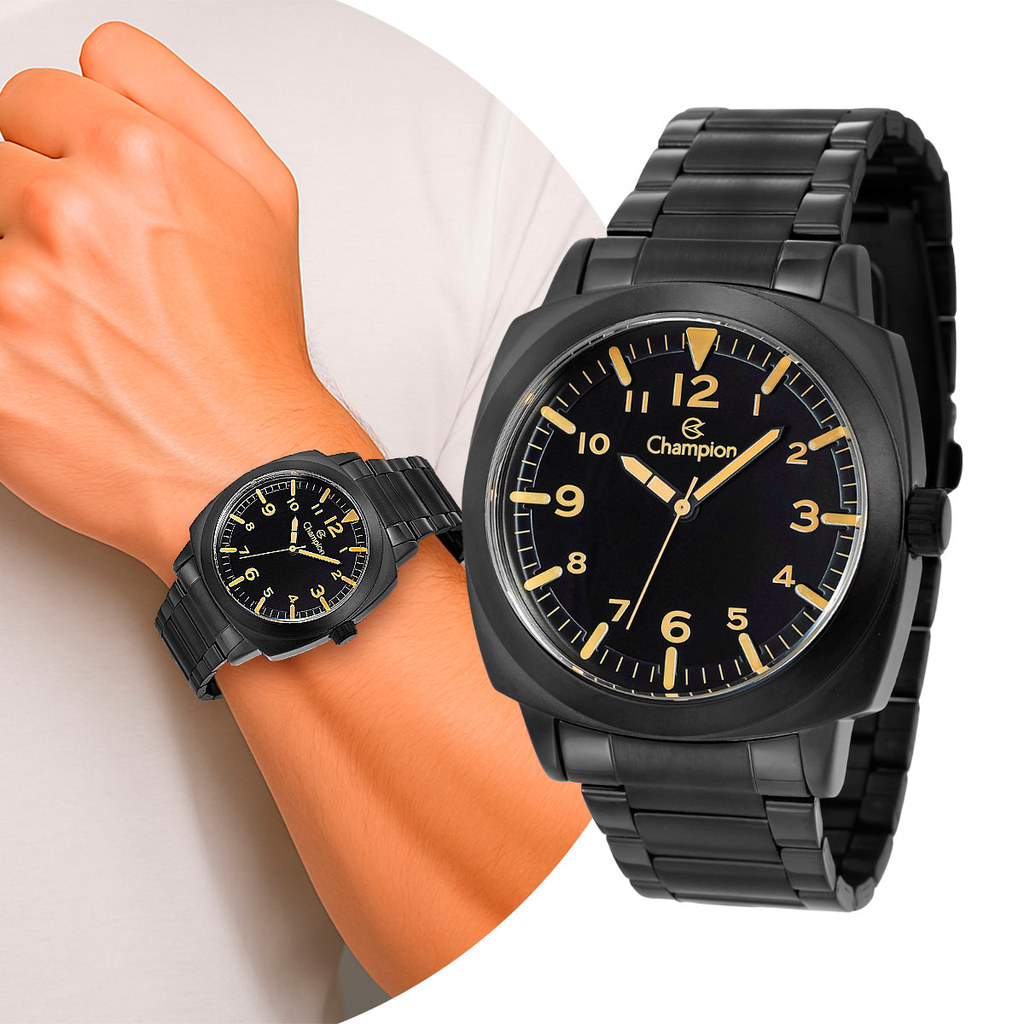 Relógio Masculino Preto de Pulso com Pulseira e Caixa de Aço Inoxidável Luxo Elegante Casual Social Champion Original