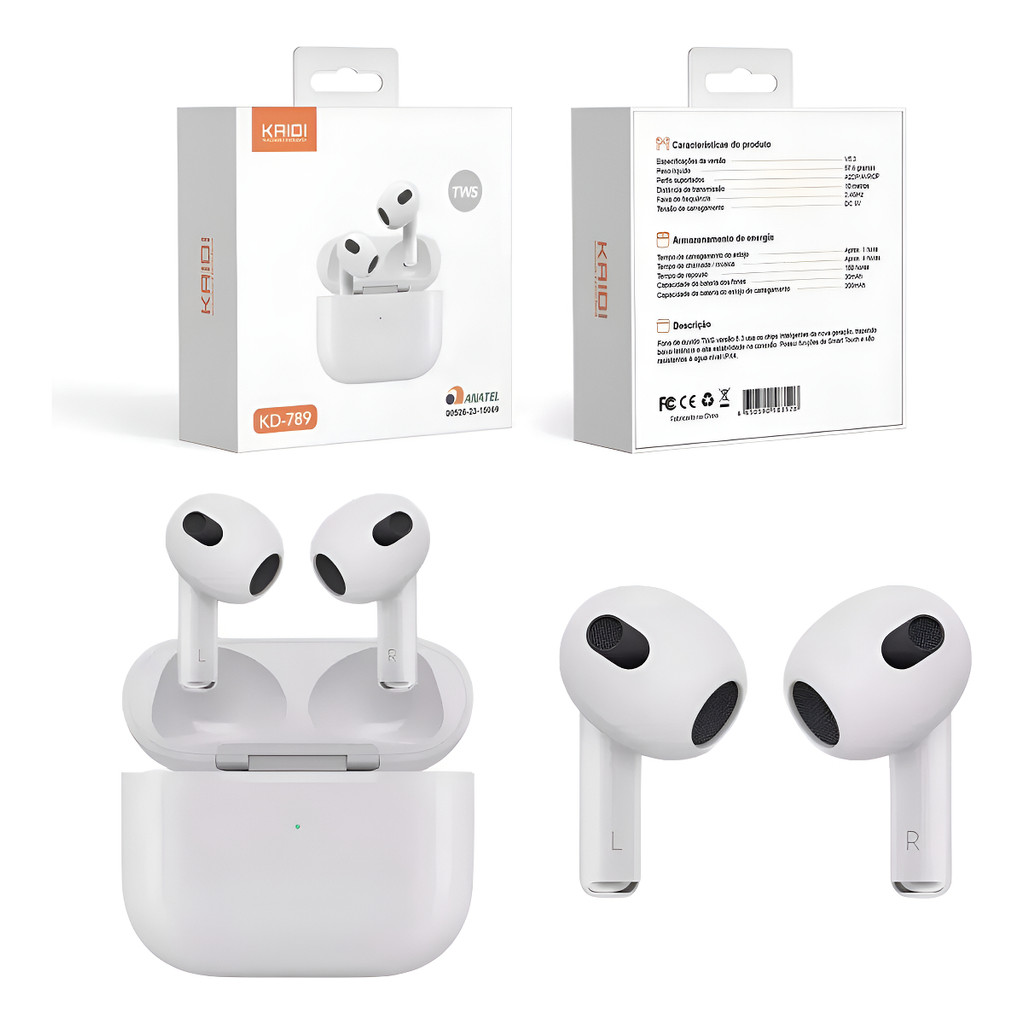 Fone De Ouvido Bluetooth Sem Fio Kaidi Kd789 Branco Tws 5.3