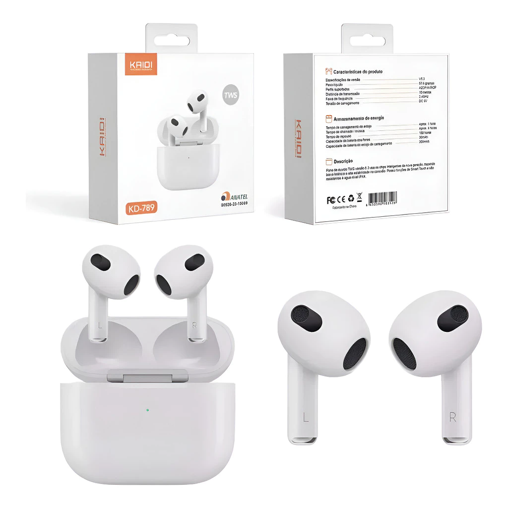 Fone De Ouvido Bluetooth Sem Fio Kaidi Kd789 Branco Tws 5.3