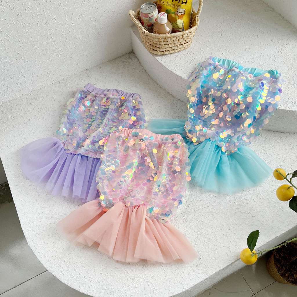 Meninas sereia vestido de princesa verão venda quente moda curto lantejoulas gaze costura braço-coberto nádegas Fishtail