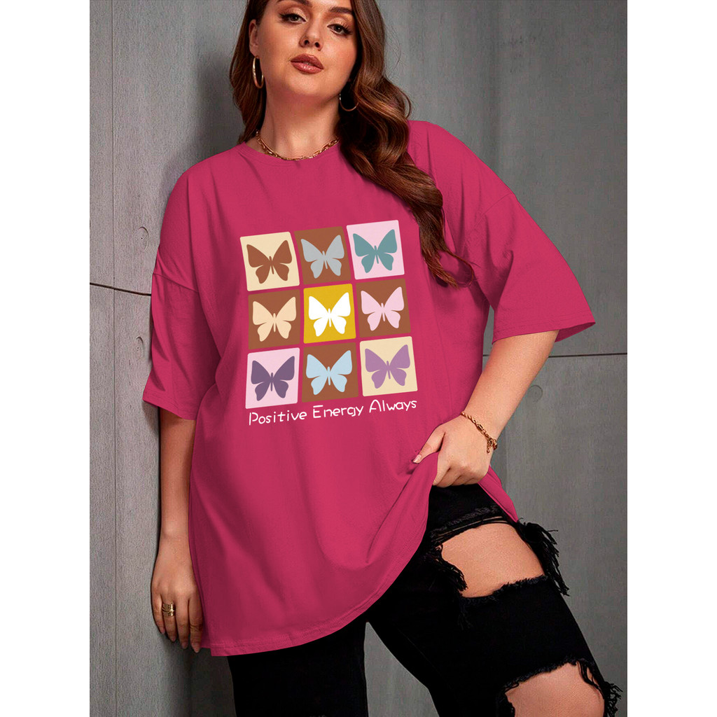 Camiseta Feminina Plus Size Estampada Borboletas Positive Energy Always Blusa Oversized Moda Gringa