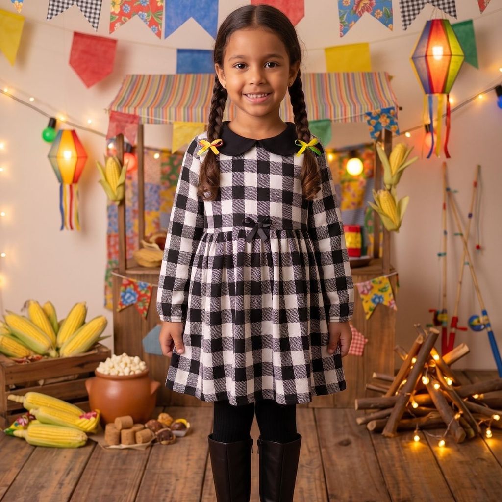 Vestido Quadriculado Manga Longa Infantil Bebê Menina Quentinho Festa Junina Inverno São João