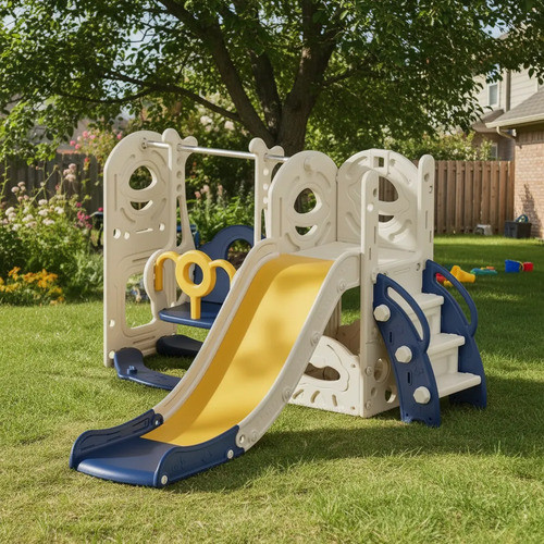 Playground Infantil Azul Com Escorregador Balanço e Basquete Diversão e Desenvolvimento