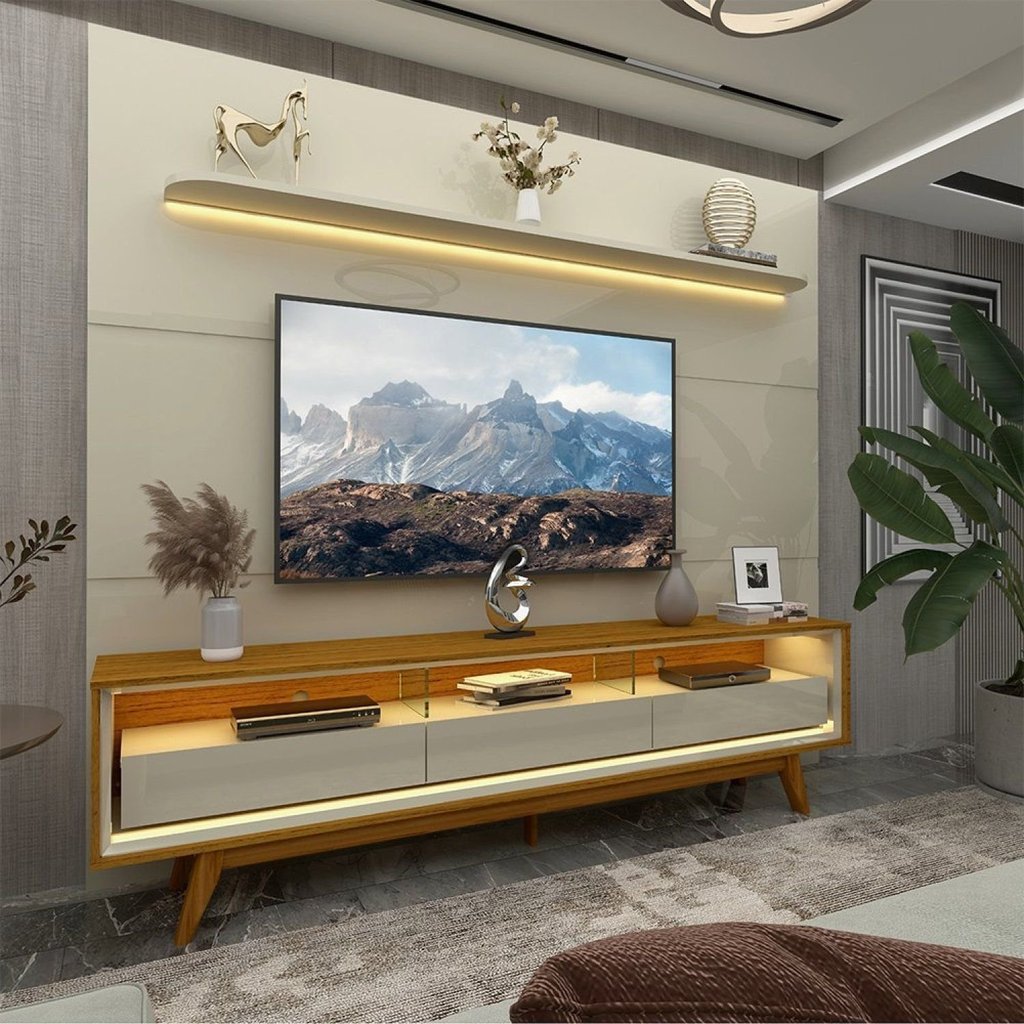 Rack Painel para TV até 90 Polegadas com LED 100% MDF 219cmx253cm Pés em Madeira Maciça 3 Gavetas Royal Requinte