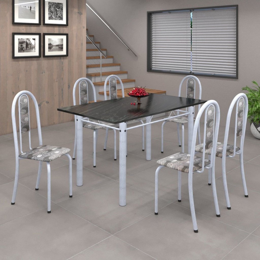 Conjunto de Mesa 140x75cm Tampo de Ardósia com 6 Cadeiras Iris a Soma Móveis Branco/Paraopeba/Martelado Pérola