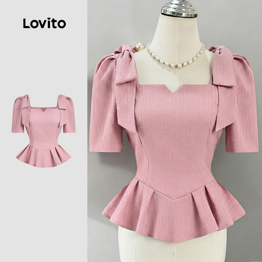 Lovito Elegante Blusa com Babado e Nó Frontal Primavera/verão Rosa LK5ED886