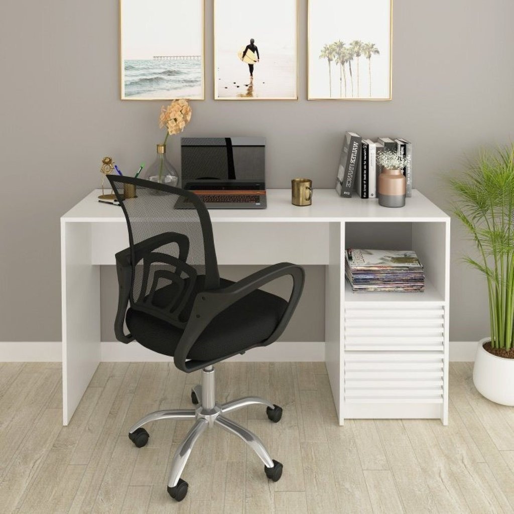 Conjunto 2 Peças com Escrivaninha com Ripado 2 Gavetas 1 Nicho com Cadeira para Escritório Diretor Tela Mesh Branco