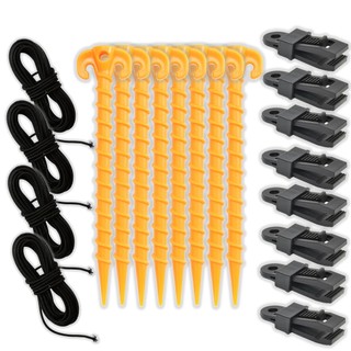 Kit 8 Estacas De Rosca 20cm Espeque Para Barraca Camping Praia com 4 Elásticos 6mt cada + 8 Garra