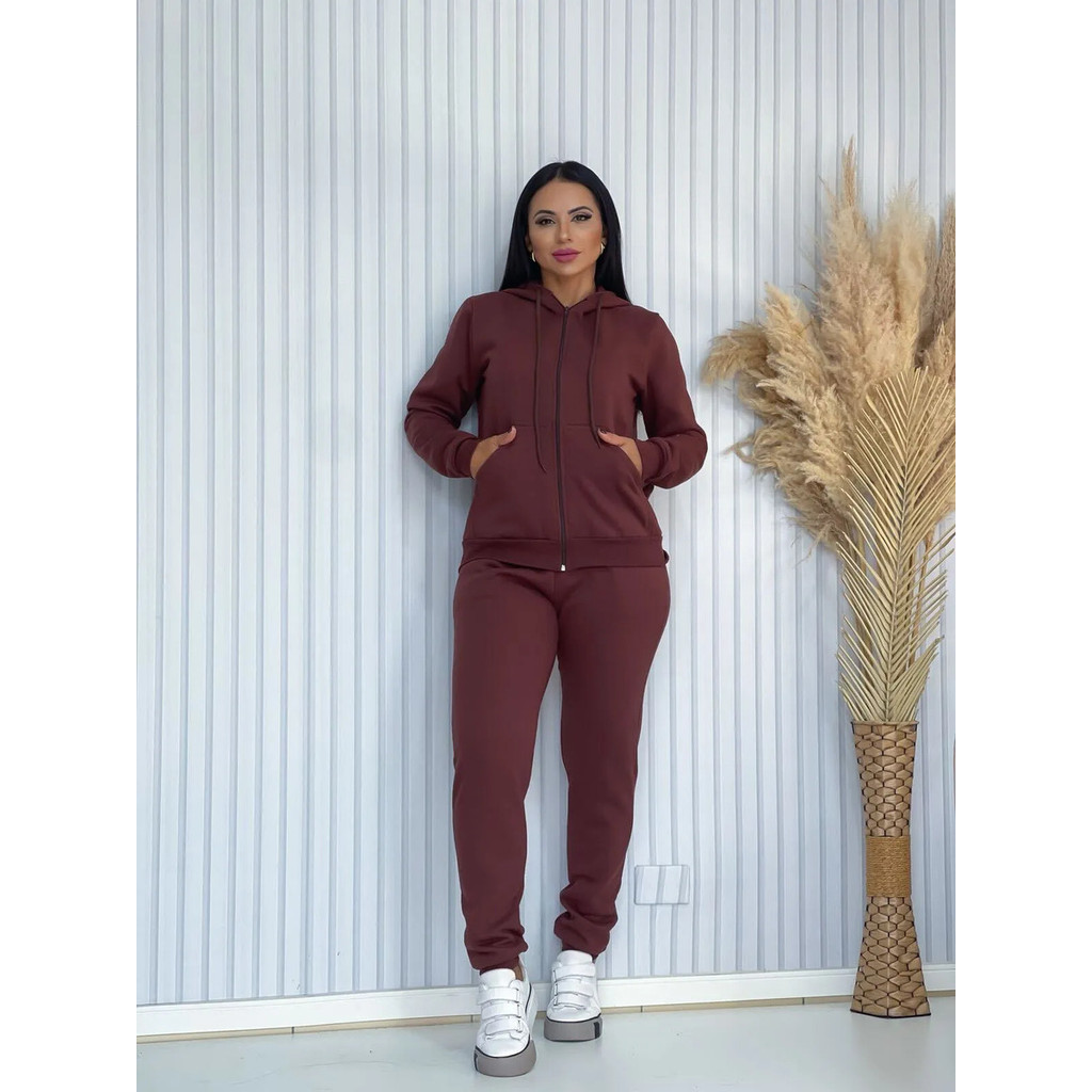 Conjunto Marrom Feminino Moletom Flanelado Com Capuz E Zíper Calça Jogger Moda Inverno Casual