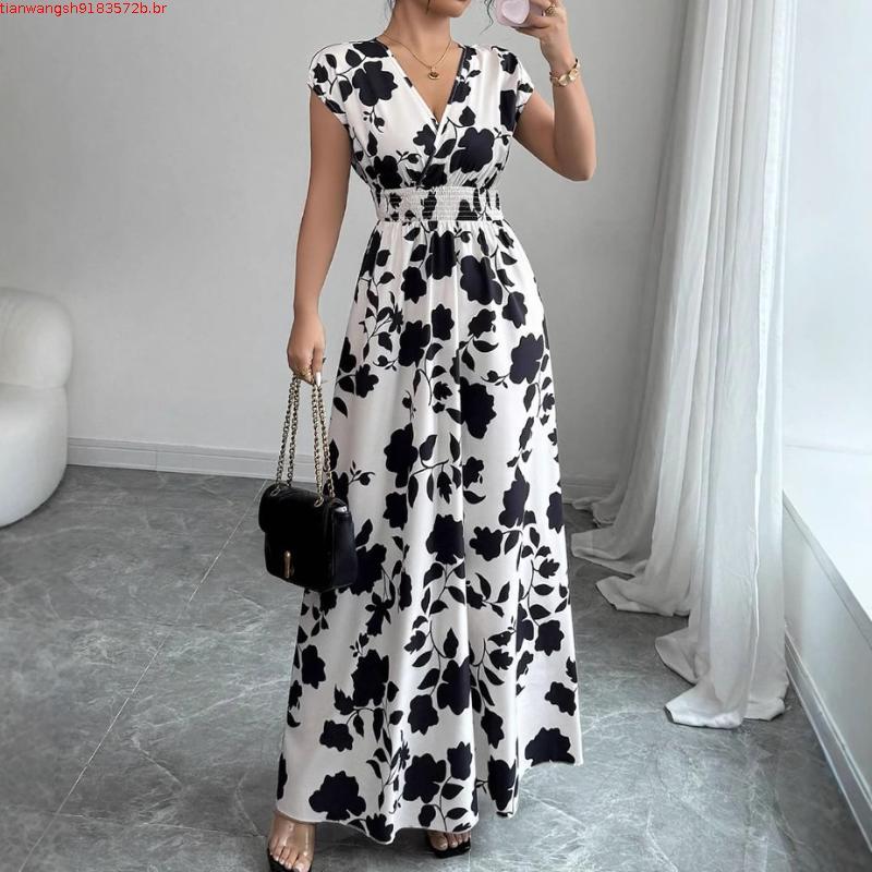 vestido feminino vestido longo feminino roupa feminina renda de manga curta com decote em v saia verão cintura estreita