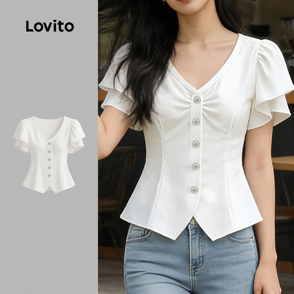 Lovito Blusa Casual com Babado Botão Textura Primavera/verão Branca Off Blusa para Mulheres LK5AD284