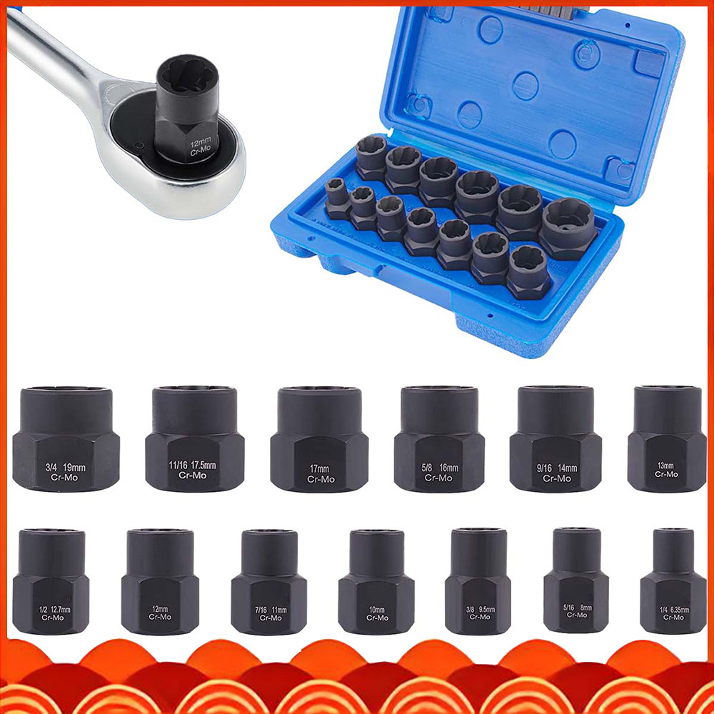 Conjunto extrator de porcas danificadas 13 peças, encaixe 3/8" (10mm), aço cromo-molibdênio, para parafusos enferrujados