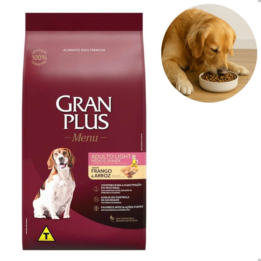 Ração GranPlus Menu Light Frango e Arroz para Cães Adultos Raças Médias e Grandes 15kg em Oferta na Shopee