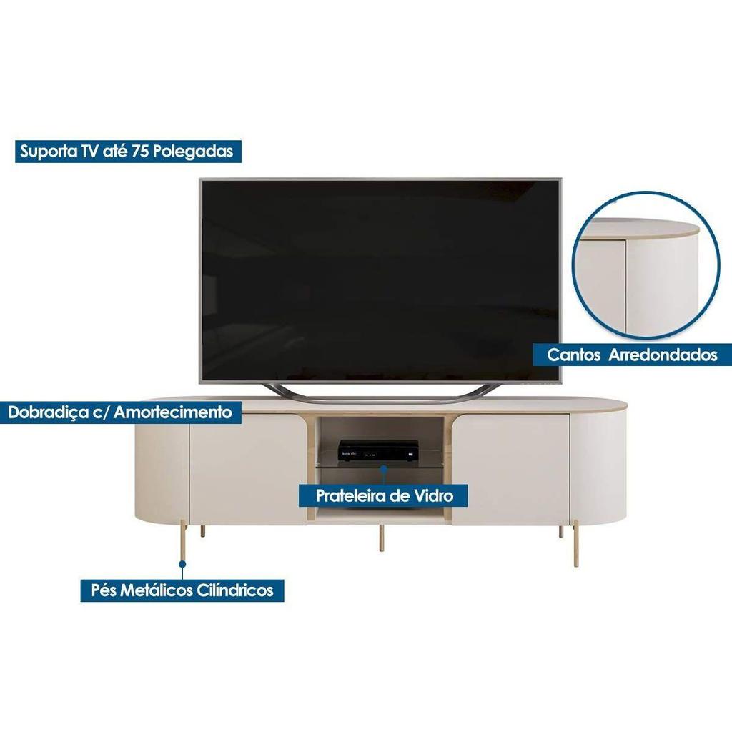 Detalhes do Rack Bancada p/ TV até 65 Pol Adele c/ 2 Portas 180x57cm Off White/Off White - DJ Móveis