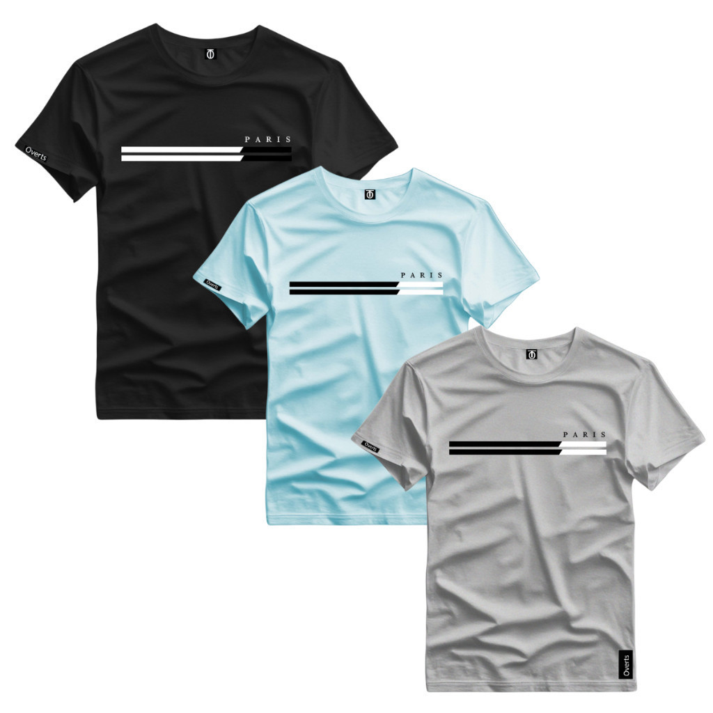 Kit 3 Camiseta Masculina Estampada Paris Duas Listras Tendência Top Camisa Estilosa Moda Streetwear
