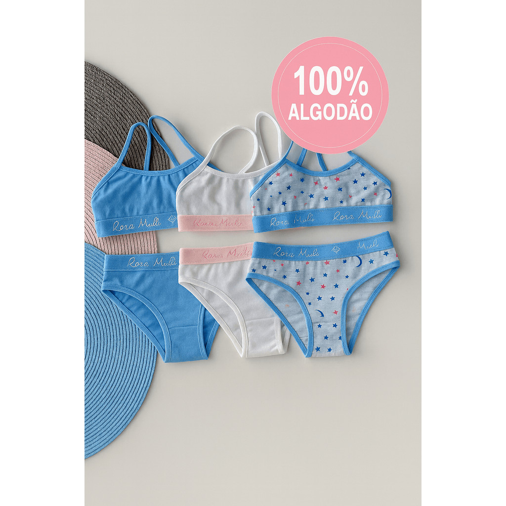 Kit 3 Conjunto Juvenil Feminino com Top e Calcinha em Algodão Cores Sortidas