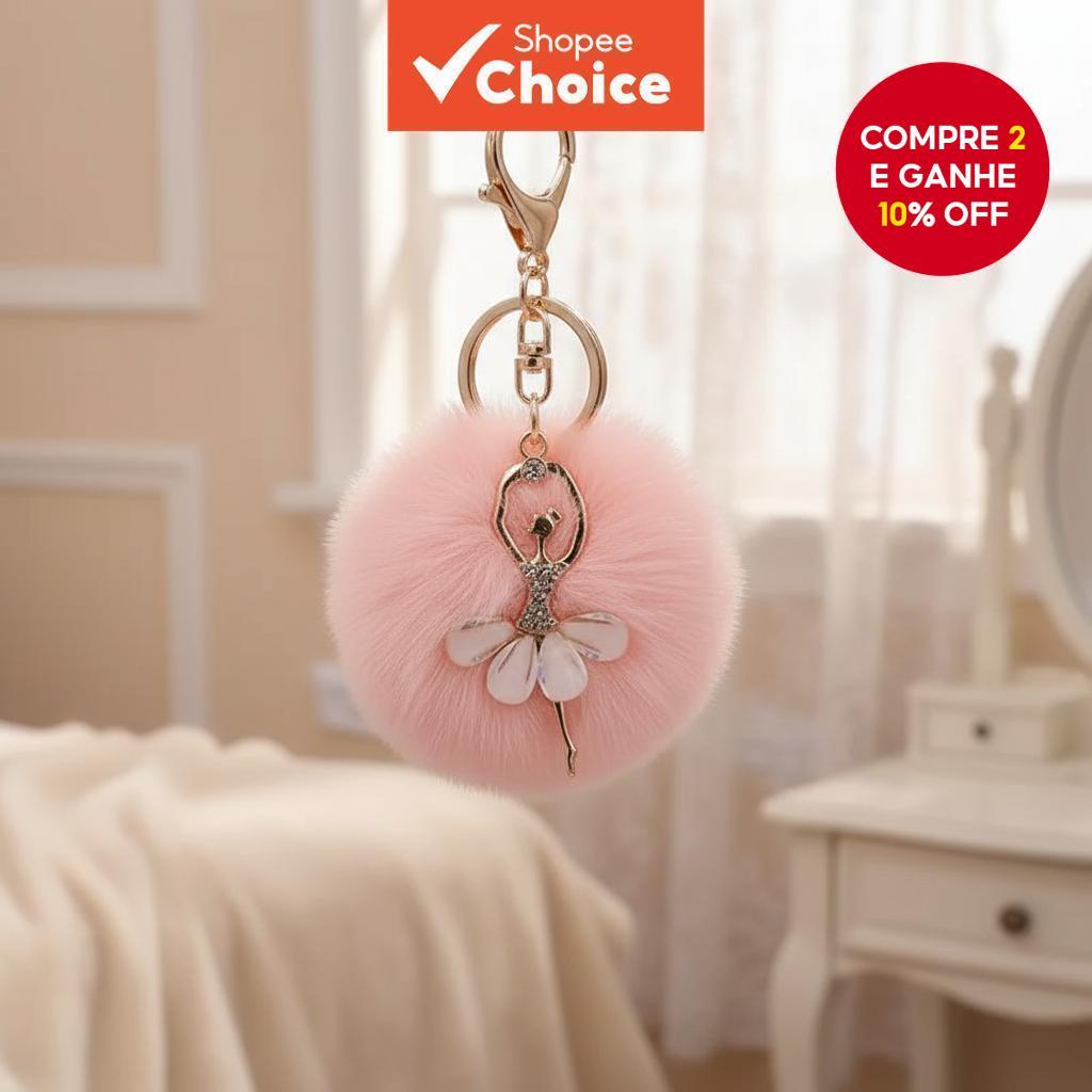 Chaveiro Charme Bailarina - Design de Anjo de Cristal com Pompom de Pelúcia de Coelho Sintético - Acessório de Carro