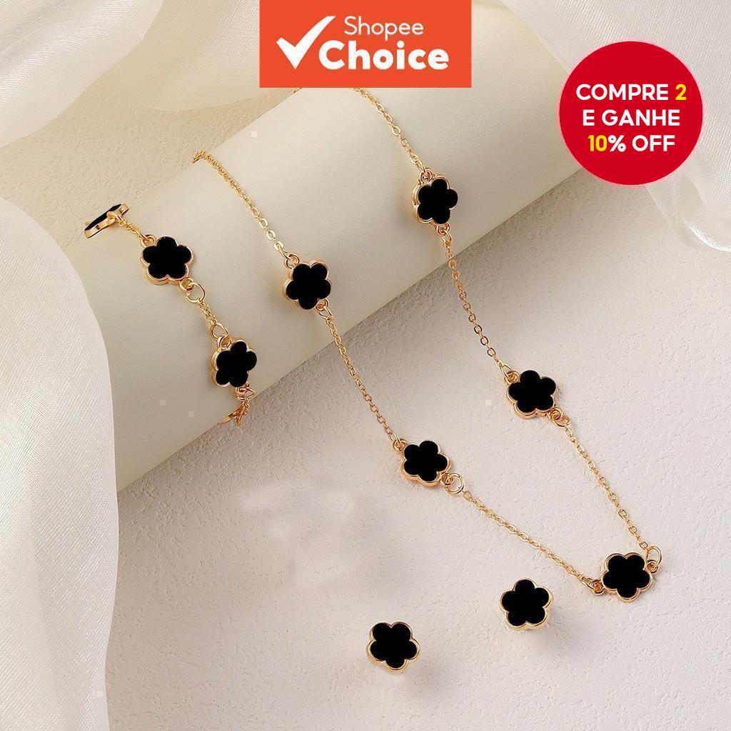 Novo Conjunto de Joias Coreanas com Trevo de Cinco Folhas, incluindo Colar, Pulseira e Brincos para Mulheres - Presente em Oferta na Shopee