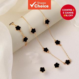 Novo Conjunto de Joias Coreanas com Trevo de Cinco Folhas, incluindo Colar, Pulseira e Brincos para Mulheres - Presente em Oferta na Shopee