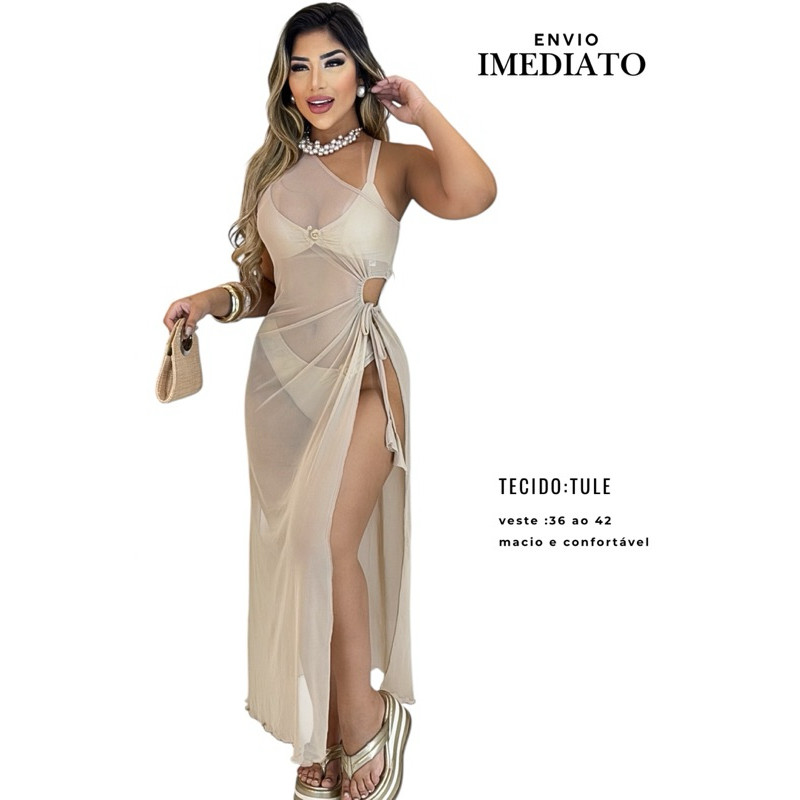 saída de praia feminina-vestido longo transparente ref:2473 em Oferta na Shopee