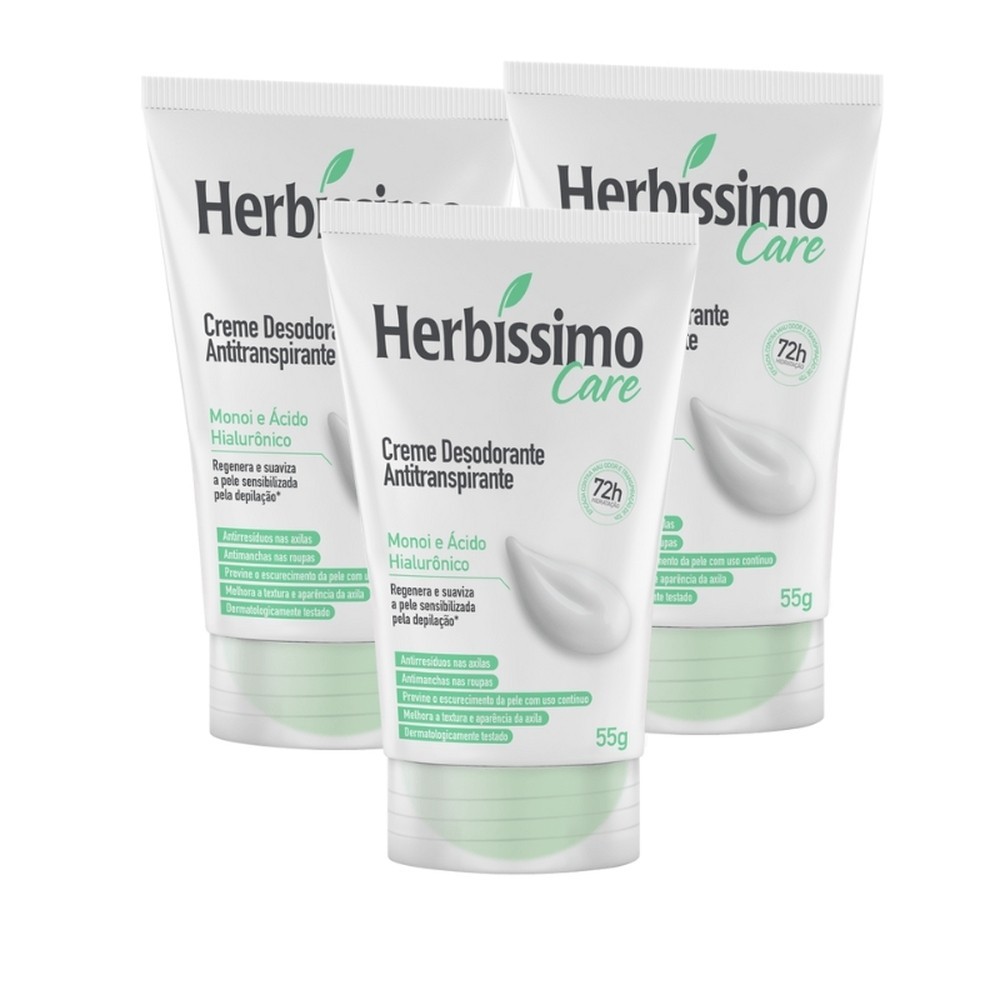 Kit 3 unid - Creme Desodorante Antitranspirante Herbíssimo Monoi e Ácido Hialurônico Bisnaga 55g em Oferta na Shopee