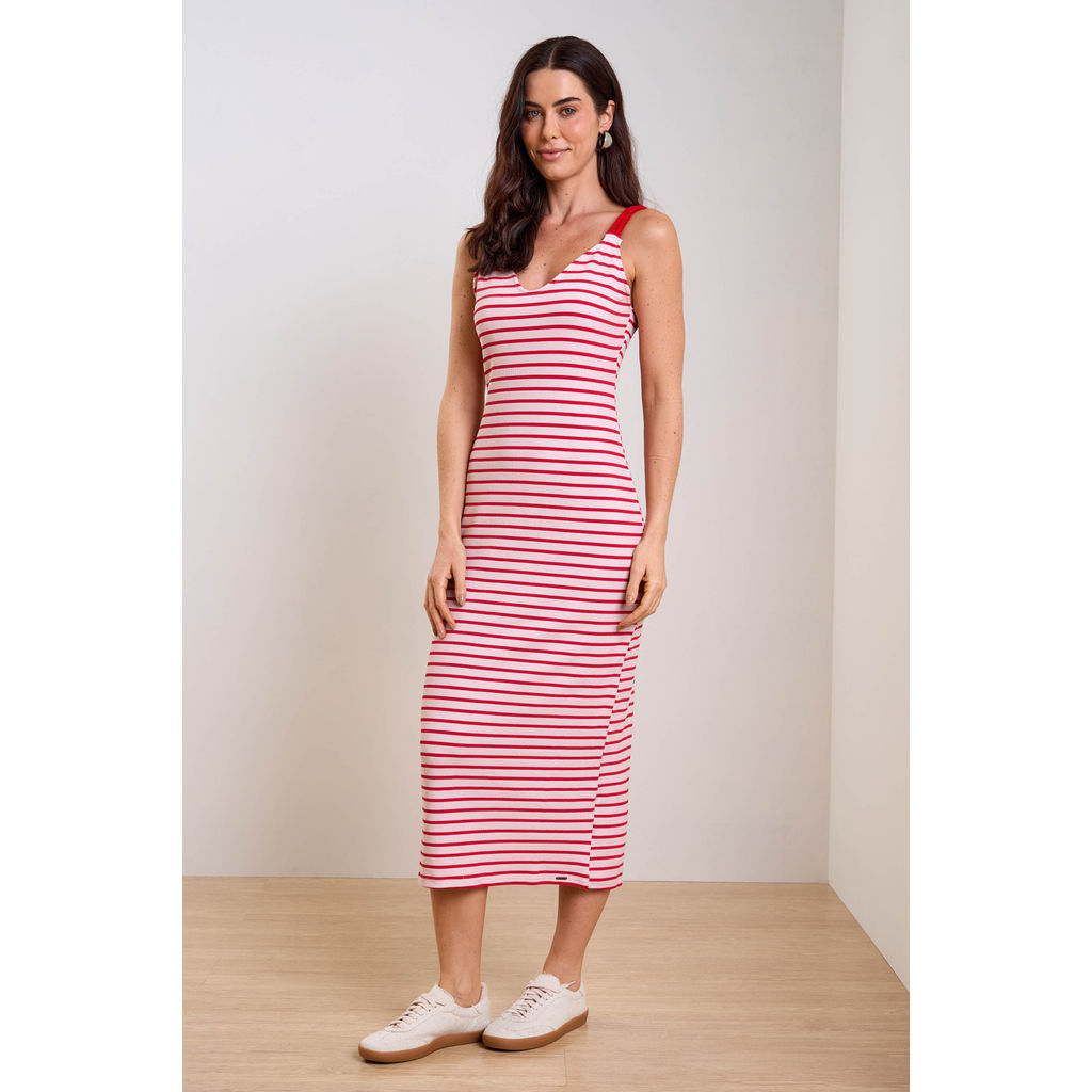 Detalhes do Vestido Feminino Listrado Marialícia Vermelho
