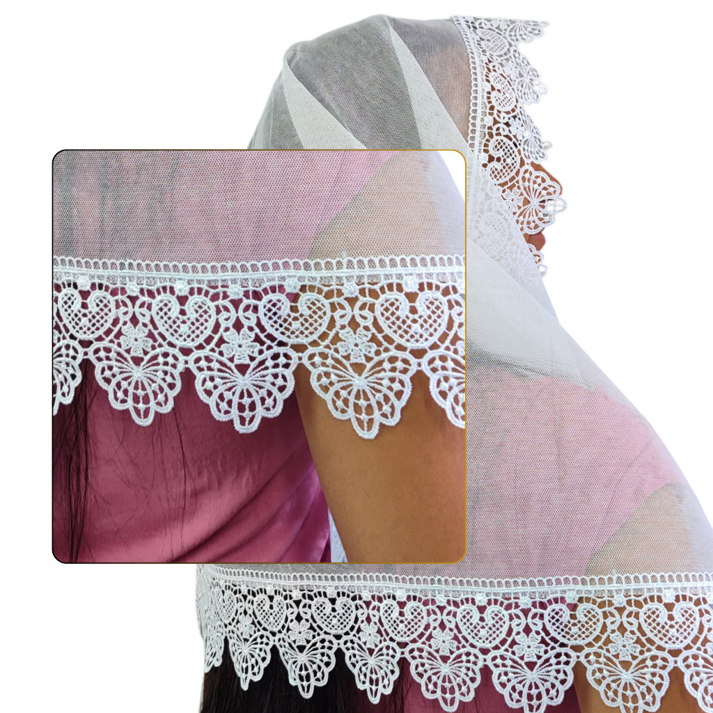 Véu CCB com Renda Guipir - Desenho Floral com Leque 8cm