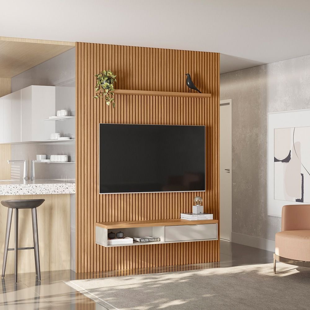 Painel Ripado para TV até 75 Polegadas MDF 180cmx250cm Modular Nicho 1 Prateleira Marrom Nature/Off White Nature/Off