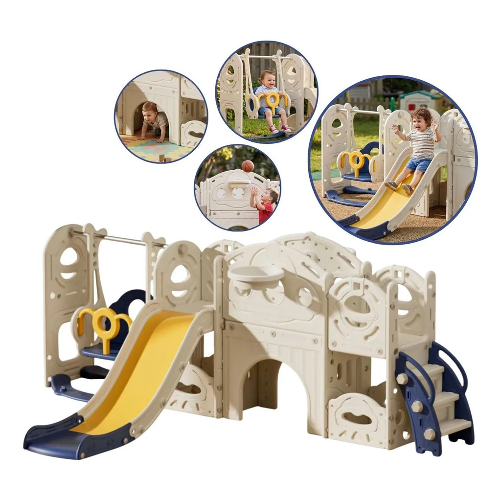 Playground Infantil 4 em 1 Bege Com Escorregador Balanço Ponte e Basquete Importway